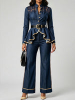 Stylish Casual Denim Shirt With Lace Paneling