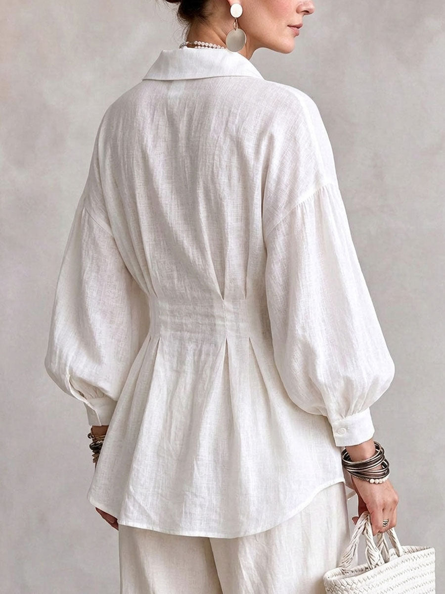 Oversized Button Pleated Linen Peplum Blouse