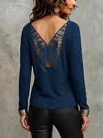Solid-color Long-sleeve Ribbed T-shirt With Butterfly-floral Back Paneling