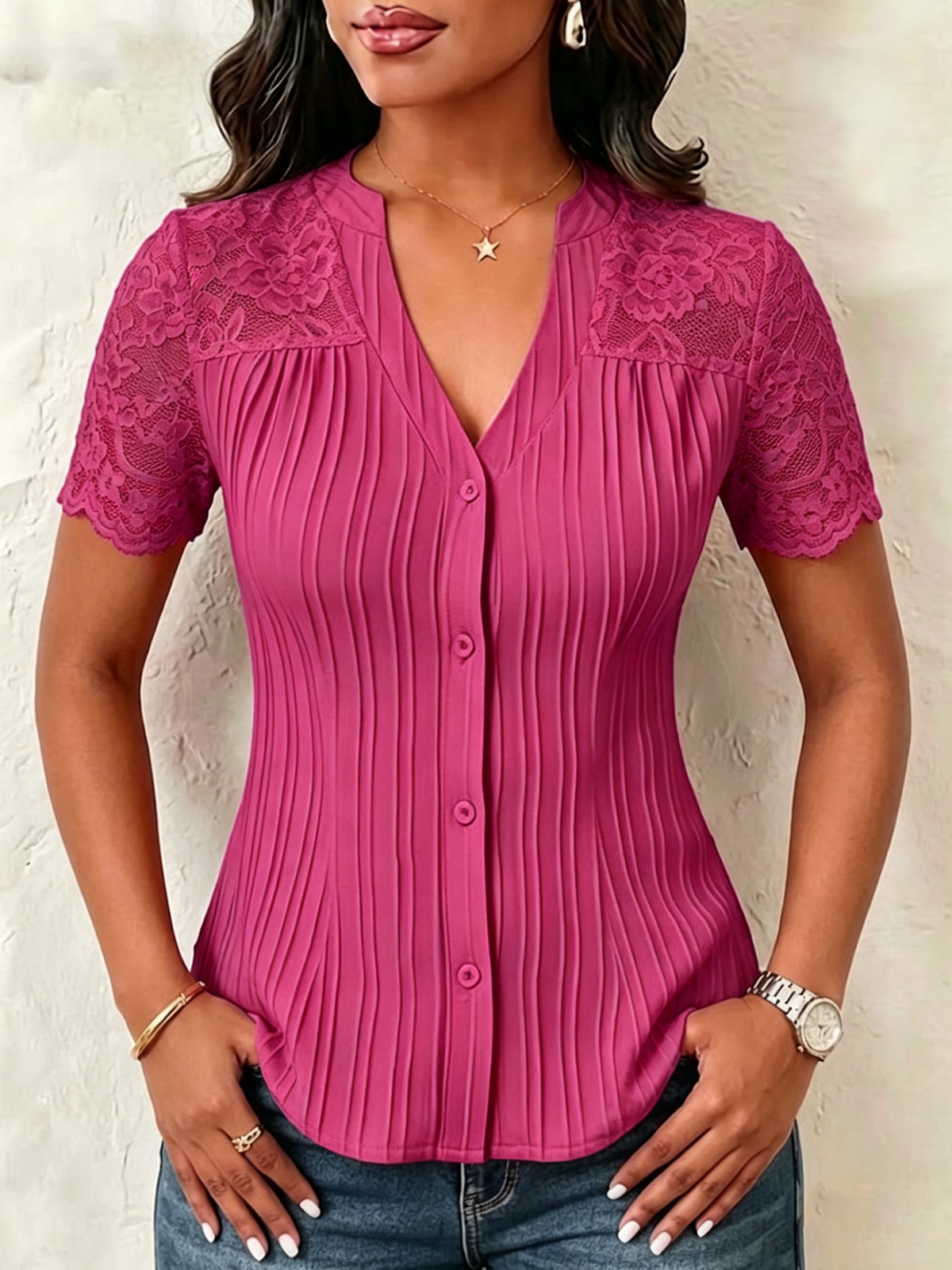 V-neck Vertical Pleat Lace Splice Fitted Short Sleeve Blouse