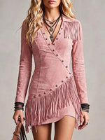 Lapel Asymmetric-button Suede Fringe Dress