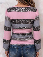Women's V-Neck Color Block Striped Sequin Long Sleeve Top.