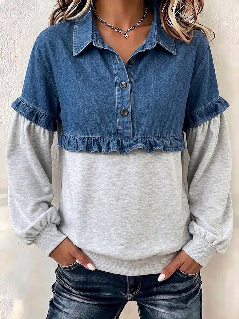 Denim Spliced Ruffle Half‑placket Sweatshirt