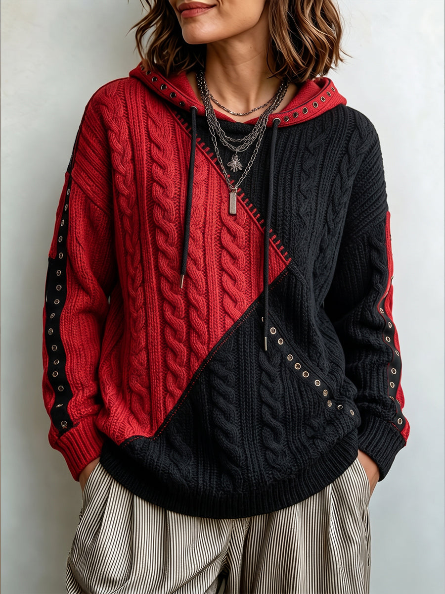 Edgy Color-Block Cable-Knit Hoodie