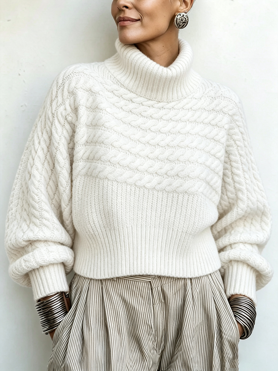 Cozy Vibrant Orange Cable-knit Turtleneck Sweater