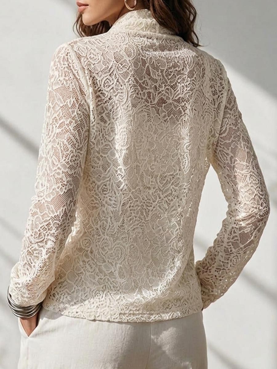 Women's Solid Color Mock Neck Long-sleeve Casual Loose Pleated Lace-embroidered Top