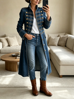 Chic Military-inspired Long Denim Coat