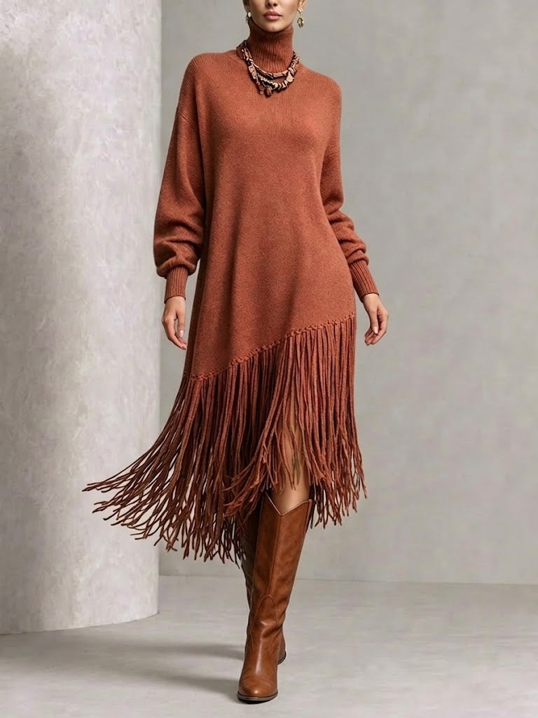 Turtleneck Diagonal Fringe Oversized Knit Midi Dress
