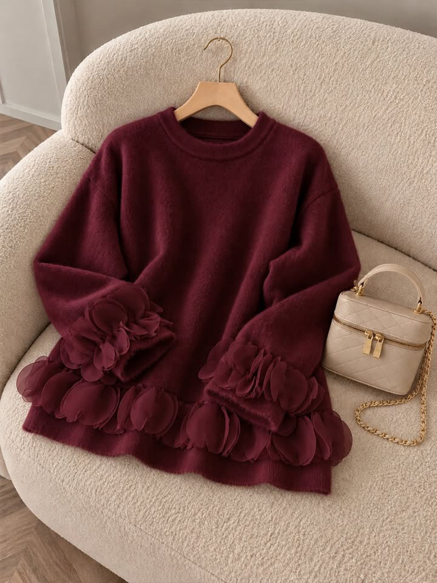 Cozy Ethereal Floral-Trimmed Fuzzy Knit Pullover