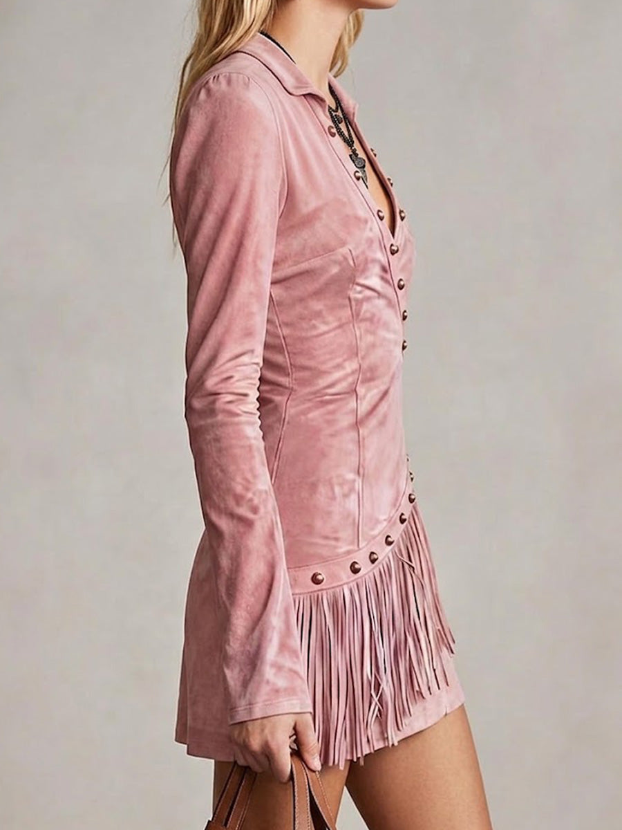 Lapel Asymmetric-button Suede Fringe Dress