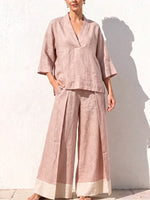 Women's V-neck 3/4 Sleeve Casual Loose Cotton Linen Top High-waisted Casual Loose Color-blocked Wide-leg Pants Cotton Linen Set
