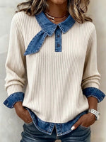 Long-sleeve, Vertically Ribbed Knit Top With A Denim Collar And Bow Detail