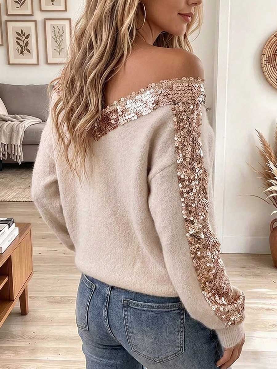 Women's Off-shoulder V-neck Knit Sweater With Rose Gold Sequin Trim