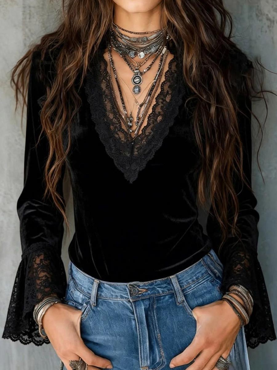 Elegant Black Velvet V-neck Top With Floral Lace Trim