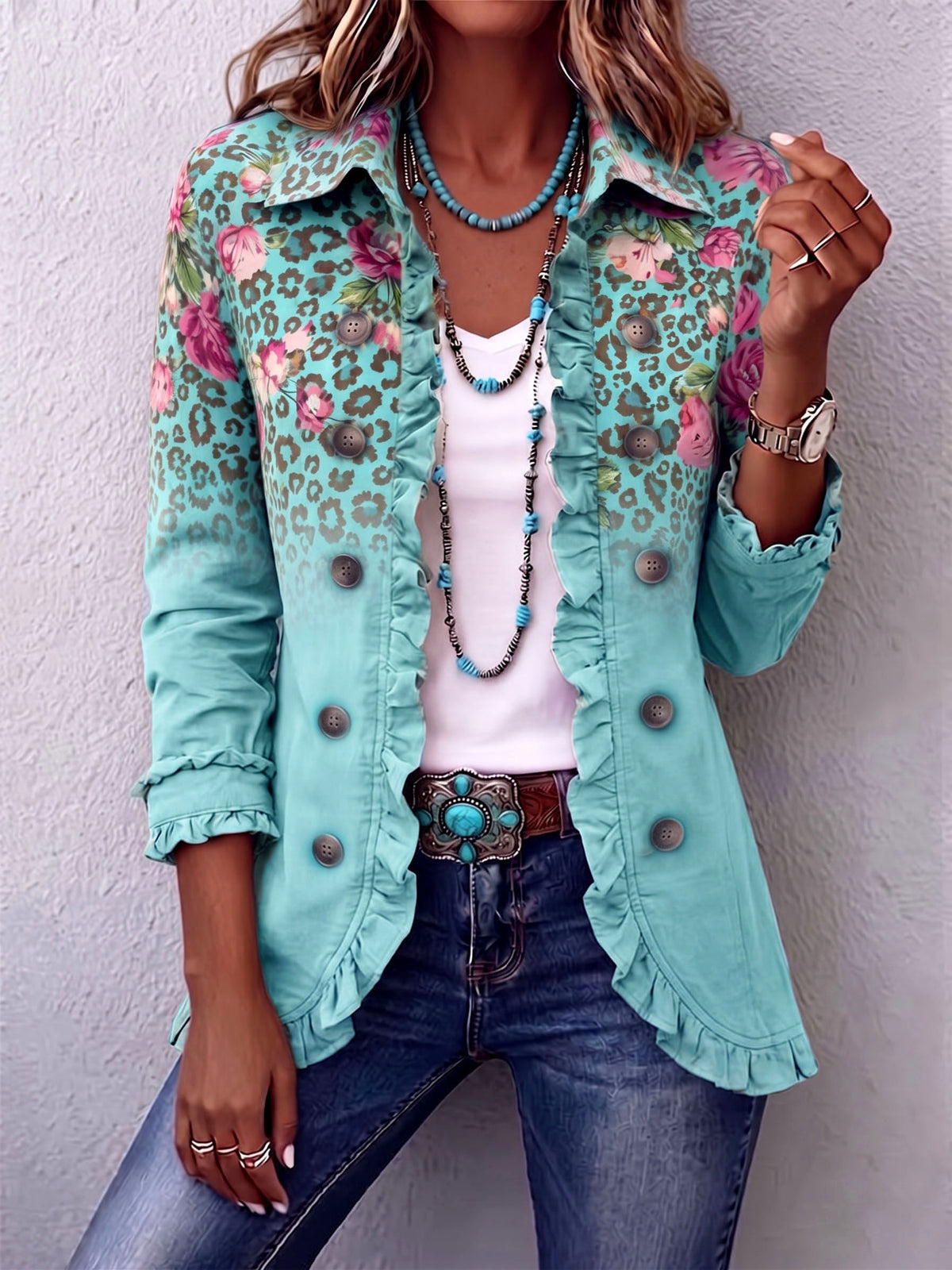 Boho Retro Floral Leopard Ruffle Jacket