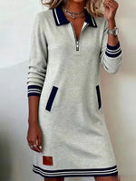 Casual Half-zip Color-block Collar Cotton Knit Mini Dress