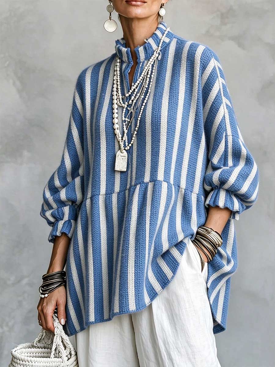 Women's Striped Peplum Knit Tunic Top with Ruffle Collar