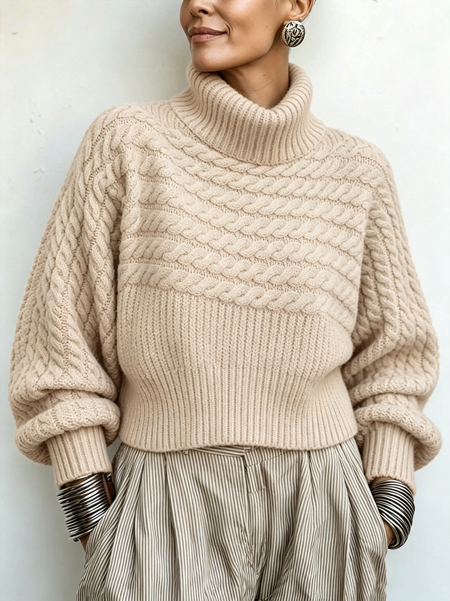 Cozy Vibrant Orange Cable-knit Turtleneck Sweater