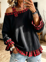 Casual Chic Plaid-paneled Off-shoulder Sweatshirt
