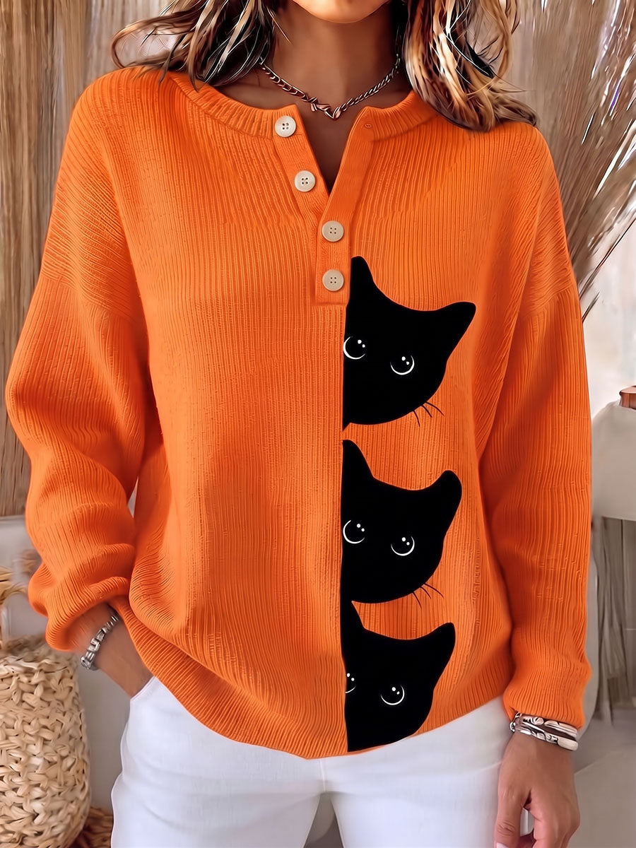 Playful Cat Print Orange Knit Sweater