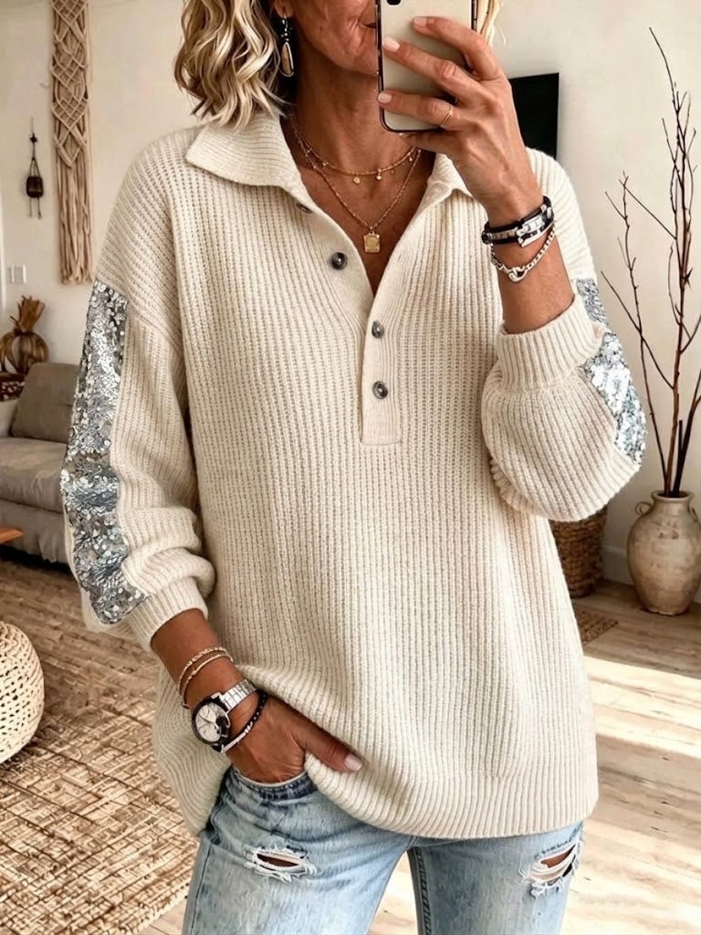 Long-sleeve Knitted Top With A Collar, Button Detailing, And Sequin Pa ...