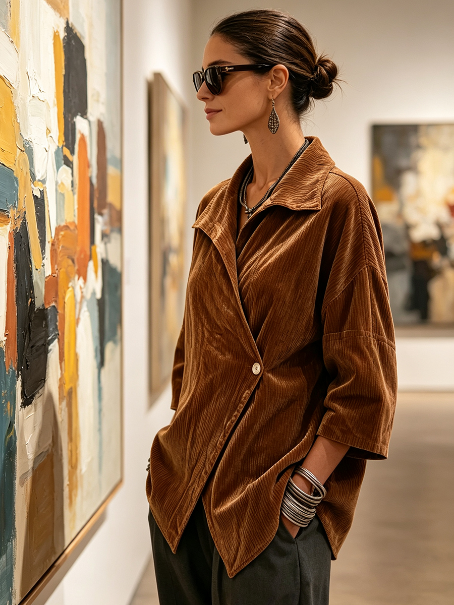 Cozy Relaxed Asymmetrical Cut Corduroy Blouse