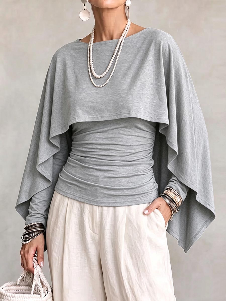 Women's Solid Color Round Neck Long-sleeved Casual Loose Cape-style Top