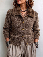 Plush Collar Button-Front Knit Cardigan