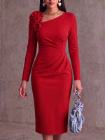Women's Solid Color Asymmetrical Neckline 3d Rose Long Sleeve Casual Loose Dress