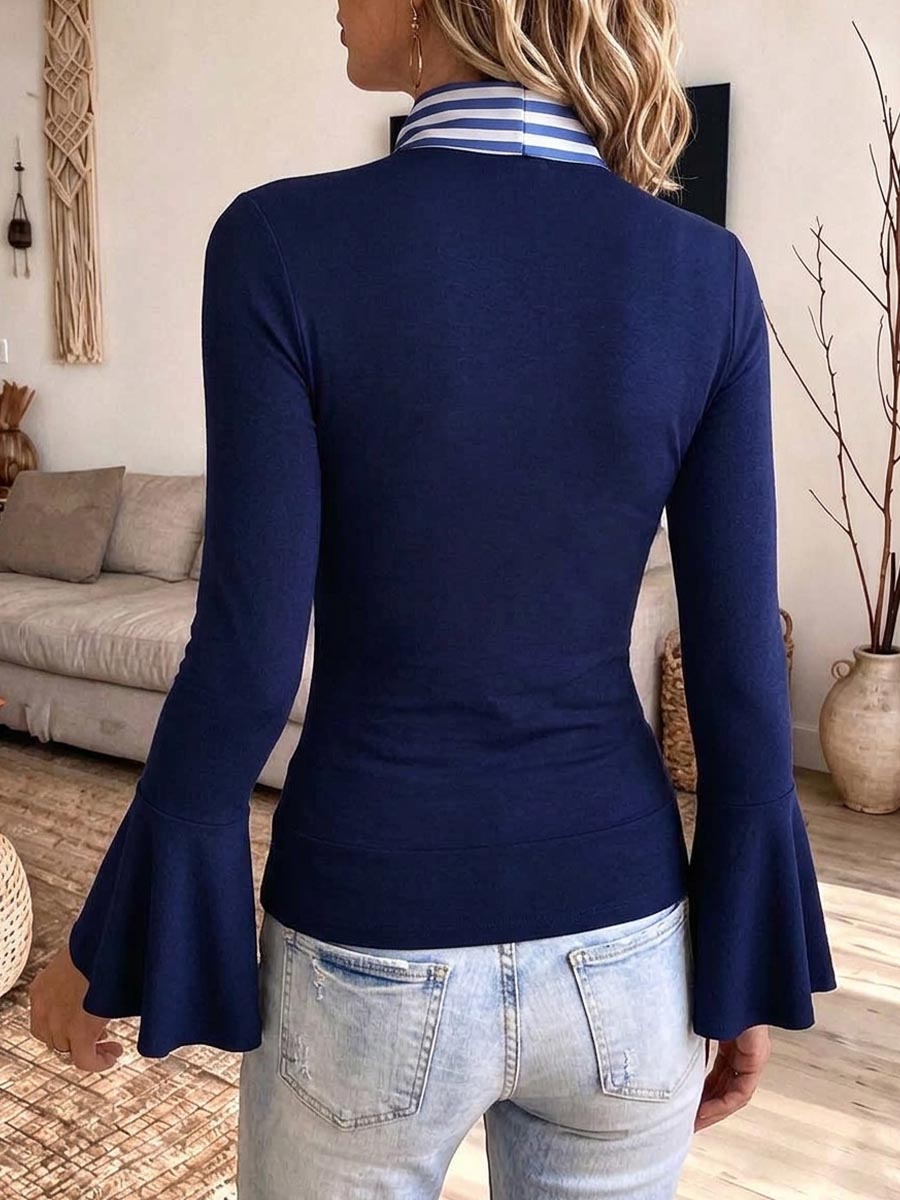 Women's Elegant Navy Blue Blouse With Striped Bow Tie And Bell Sleeves